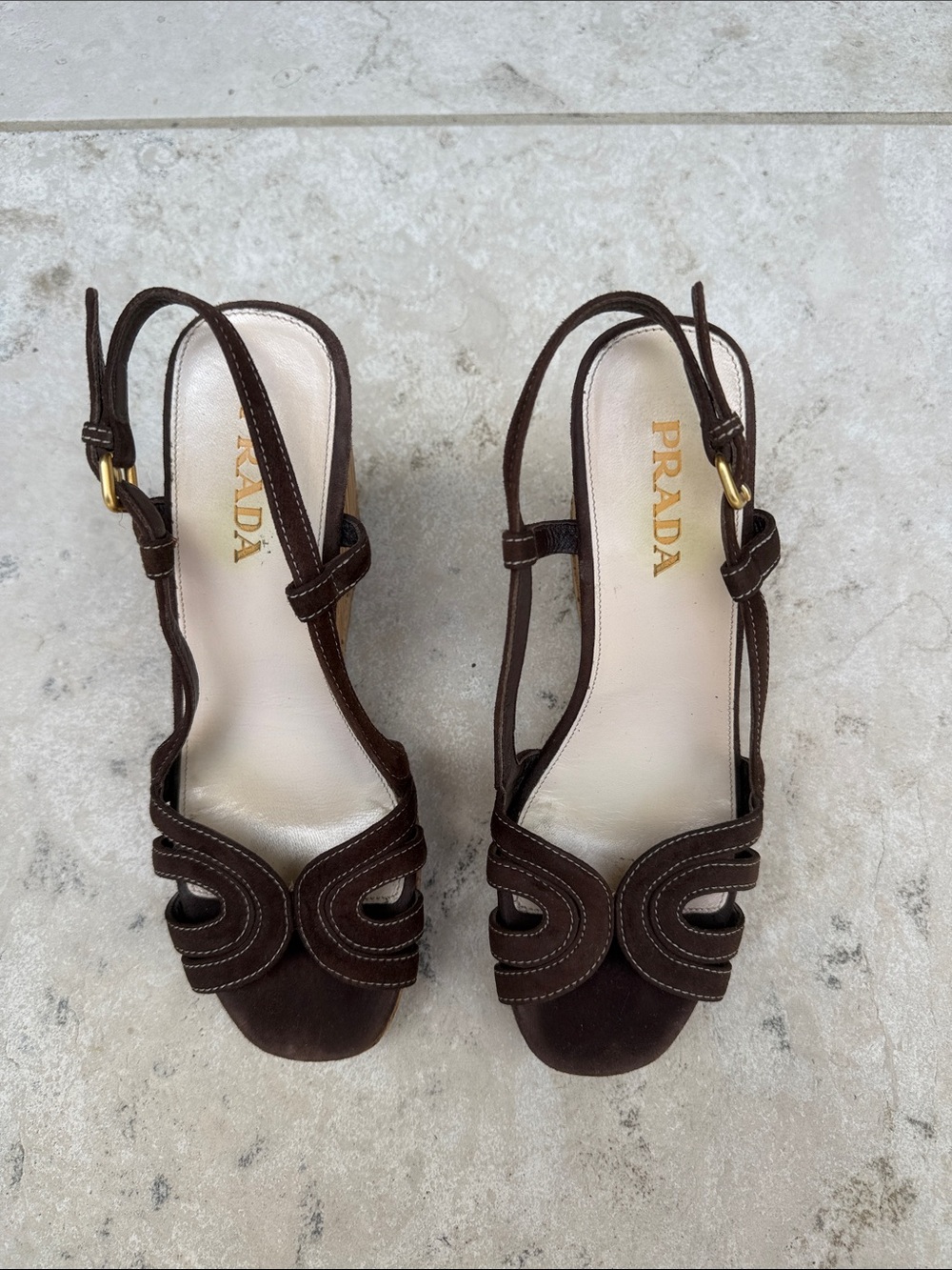 Prada Dark Brown Suede Slingback Heels with Gold Buckles - Picture 1 of 5